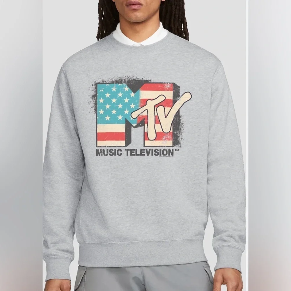 MTV Mens VTG Style American Flag Logo Crewneck Gray Pullover Sweatshirt SZ L